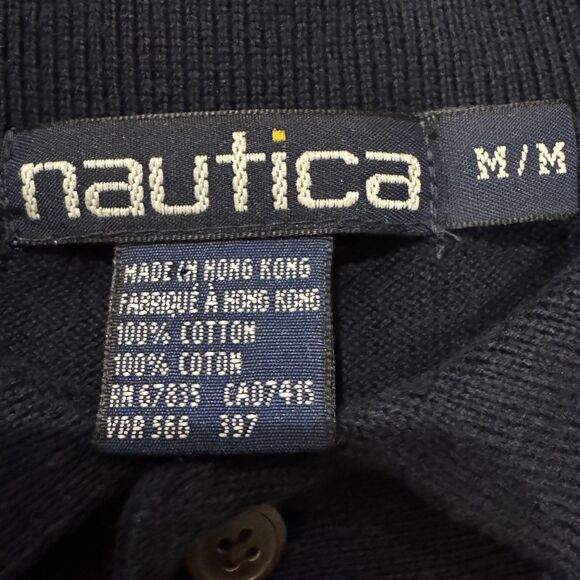 Vintage Nautica Sweater Mens Medium Navy Striped Knit Polo Rugby 100% Cotton 90s - Picture 3 of 8